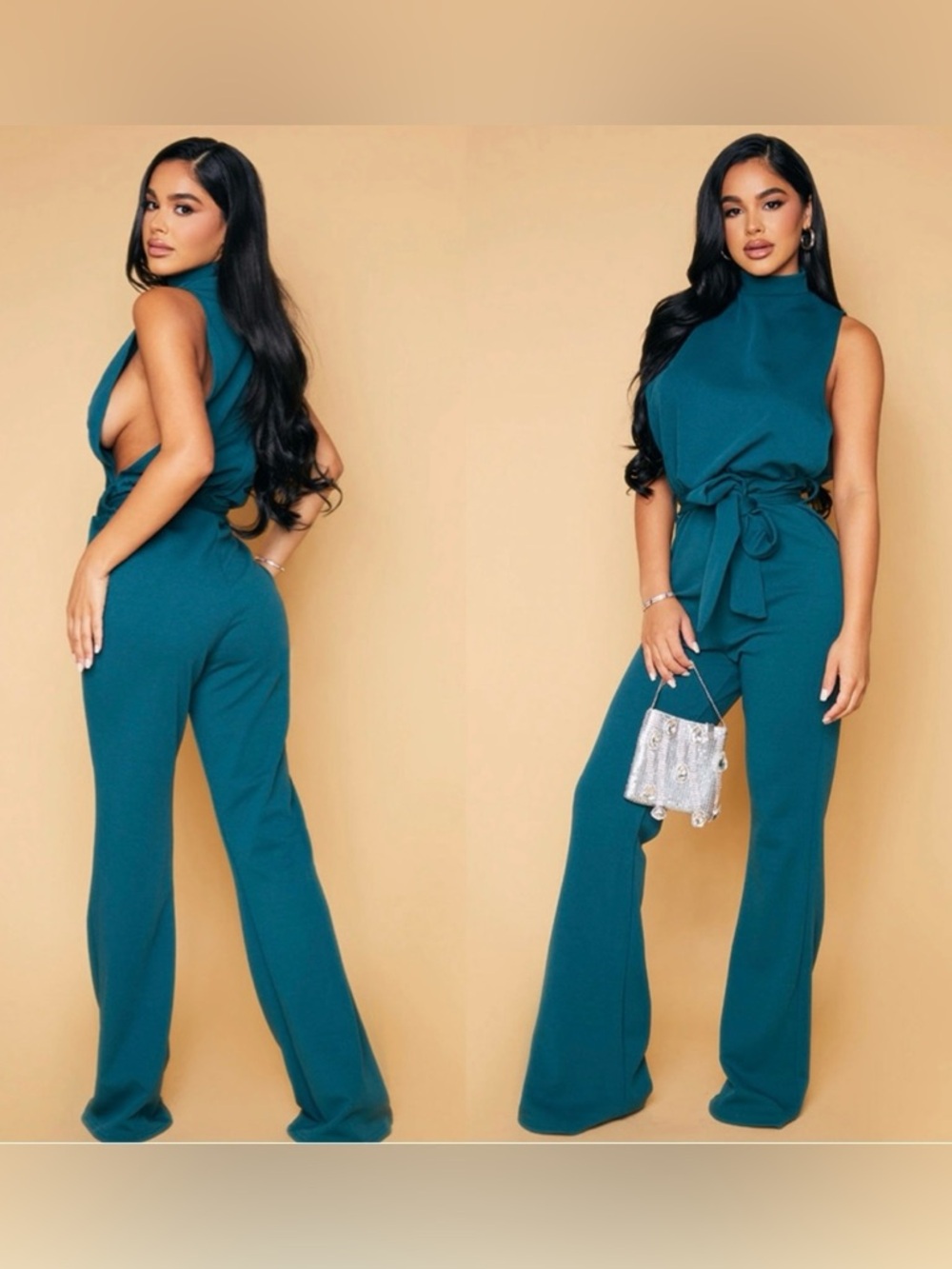 Sleeveless Teal High-Neck Jumpsuit with Tie Waist